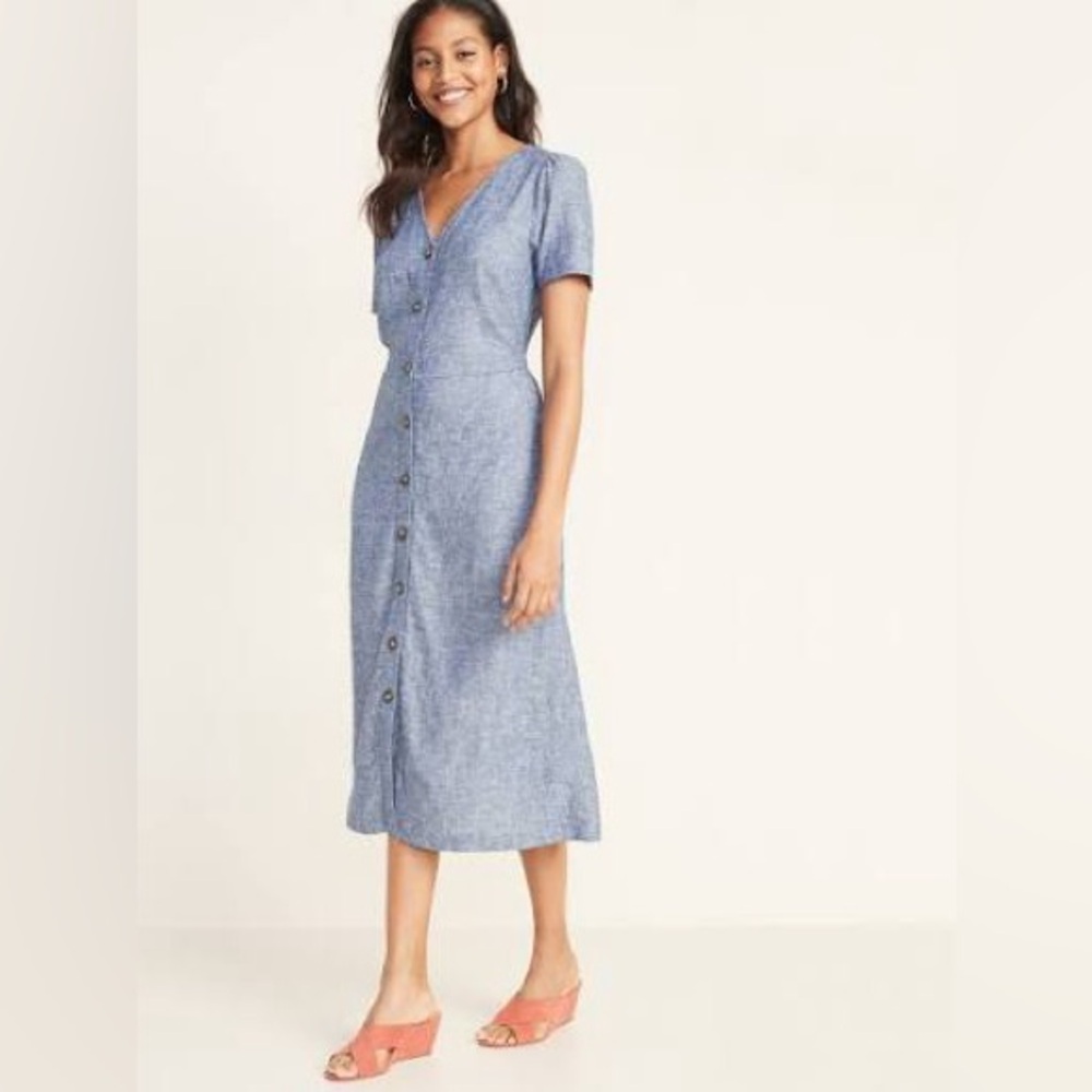 Old navy blue linen Button-Down Dress
